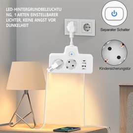 WEITINX Steckeradapter mit Touch-Nachtlicht, 2-Wege-Steckerverl?ngerung mit 2 Typ-C+2 USB-Anschl1ssen, EU-Steckdosenleisten-Wandsteckerverl?ngerung f1r Zuhause, B1ro (Wei?)
