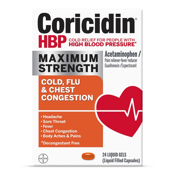 Coricidin HBP, Decongestant-Free Cold Symptom Relief for People with High Blood Pressure, Maximum Strength, Flu & Chest Congestion Liquid Gels, 24 Count