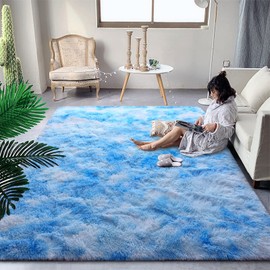 DweIke Extra Large Fluffy Area Rug, 5x8 ft Modern Indoor Carpets for Living Room Bedroom, Plush High Pile Tie-Dyed Blue Rug for Girls Kids Playroom Classroom Nursery Home Décor, Blue
