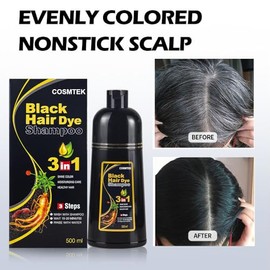 Shampoo para Canas 3 en 1, Champ Colorante para Teir el Cabello Negro, Cobertura de Canas con Ingredientes Herbales, 500ml (Negro)                    
