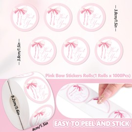 JarThenaAMCS 1000 Pcs Pink Bow Thank You Stickers Roll Coquette Bowknot Self-Adhesive Label Decals for Scrapbook Envelope Decor Birthday Baby Shower Bachelorette