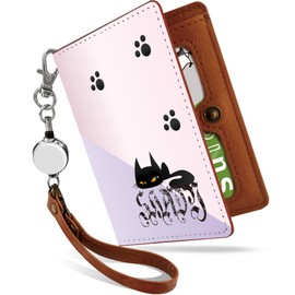 Pretimo Pass Case, Commuter Pass Case, Reel, Cute, Kuroneko, Simple, Character Illustration, Bifold, Invisible Shape, Stylish, Women's, Animal Pattern, Pink [Kuroneko Simple/ps], Kuroneko Simple