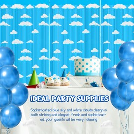 XunYee Blue Sky White Clouds Birthday Party Supplies, Clouds Theme Tinsel Foil Fringe Curtains Toy Party Supplies, Cartoon Story Backdrop for Baby Shower Decorations(2 Pack)