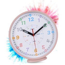 LATENO - Wall Clock Children's Clock Pink - Colourful Wall Clock Children's Room Silent - Learning Clock Children without Ticking Noise - Analogue Children's Wall Clock for Boys and Girls - Children's
