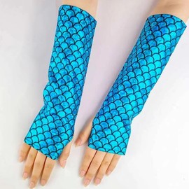 Fingerless Gloves Mermaid Women, Shiny Fish Scale Printed Long Gloves, Girls Half Fingerless Arm Sleeves for Stage Performance Fancy Dress Party Costume Accessories, Fantasy colour