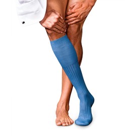 FALKE Men's No. 13 Knee High Quality Cotton High Quality Silky Shine Elegant Reinforced Men's Socks Flat Seam Pressure-free Toe Fine Ribbed Plain Business 1 Pair, Blue (Bleue 6543)