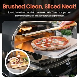 PERIDOTT 26” Pizza Oven Brush with Pizza Cutter Wheel - Stainless Steel Bristles, Heat-Resistant Handle, Pizza Stone Brush with Oven Scraper & Pizza Slicer - Compatible with Ooni & All Pizza Ovens