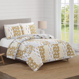 MODERN HEIRLOOM Saffron Quilt with 2 Shams, Patchwork Print 3-Piece All Seasons Quilt Set, Lightweight Coverlet Set, King Size, Taupe