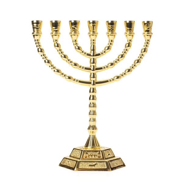 Portavelas con símbolo de iconos de 12 tribuses, decoración de Judaica 7 ramas Israel Menorá 20 x 16 cm