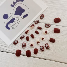 Bufenia 24 Pieces Christmas Nails Short Square Red False Nails Glitter Elk Snowflake False Nails Shiny Acrylic Full Cover Nails for Women and Girls (D)