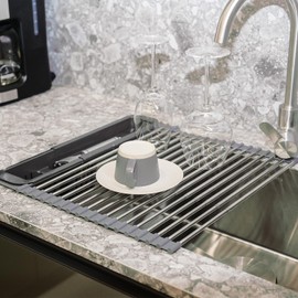 Dolreiik,Roll Up Dish Drying Rack Over The Sink, 304 Stainless Stee Roll Up Dish Drying Rack, Foldable & Adjustable Dish Drying Rack for Kitchen Sink Counter (Gray, Large Expandable Size)