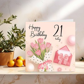 21st Birthday Card for Women - Ladies Pink floral Birthday Cards for 21 year old woman twenty one, twenty first Mum Nan Aunt Daughter Friend Niece Sister Wife Girlfriend Girls for her