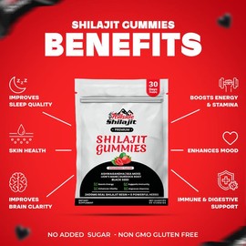 HILLSIDE SHILAJIT Premium Shilajit Gummies - Strawberry Flavor with Ashwagandha & Burdock Roots - 60 Vegan Gummies - No Added Sugar - 30 Days Supply - Herbal Energy Supplement