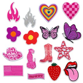 Ambesi 16 PCS Embroidered Applique Iron on Patches Sew on Applique Pink Embroidered Patch DIY Craft Accessories for Dress Jackets Jeans Backpacks Hats Clothing Decoration, DarkPink