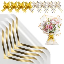 Waterproof Flower Wrapping Paper Flower Gift Wrapping Paper Gold Edge Flower Wrapping Paper with 20 Ribbon Flower Bouquet Wrapping Paper Double Sided Flower Wrapping Paper for Floral, 20 Sheets(22.8")