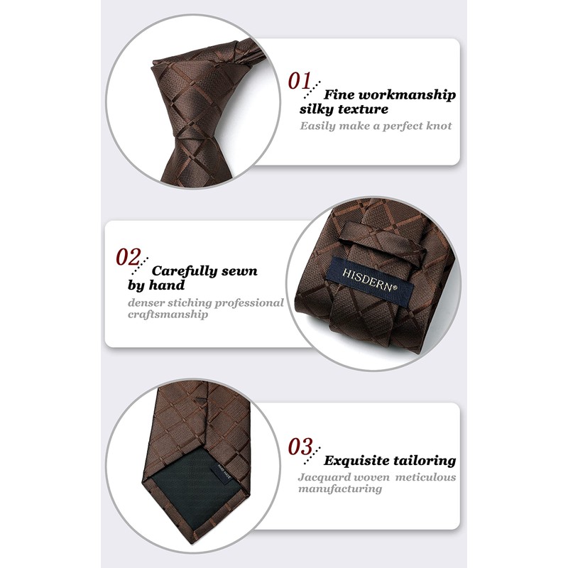 HISDERN Brown Ties for Men Plaid Checkered Tie and Pocket