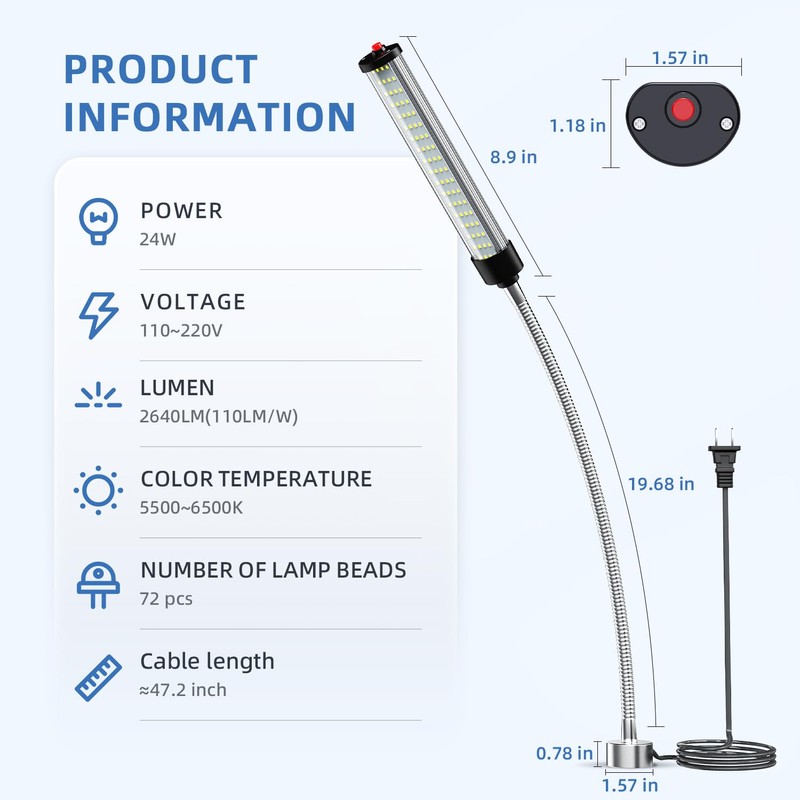 LED Magnetic Work Light, 24W high Brightness,Flexible Gooseneck lamp with