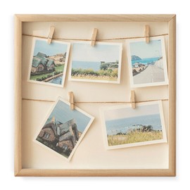 GOMETY Wooden Photo Holder, Wooden Photo Collage Frame 30 x 30 cm, Wall Picture Frame with Cord, Photo Frame Collage with Photo Wooden Clips, Versatile Photo Holder for Photos or Postcards Natural