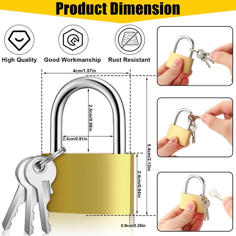 Yaocom Solid Brass Keyed Padlock, Small Padlocks Keyed Alike Yellow