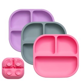 BABELIO Powerful Suction Plates for Baby and Toddler, 100% Food Grand Silicone, Divided, BPA Free, Microwave & Dishwasher Safe, Stay Put, 3 Pack