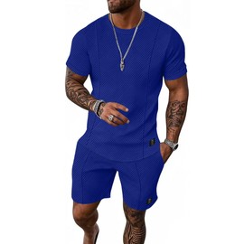 UOUA Mens Short Sets 2 Piece Summer Outfits Casual Short Sleeve Crew-Neck Shirts & Shorts Track Suit Jogging Loungewear Blue M