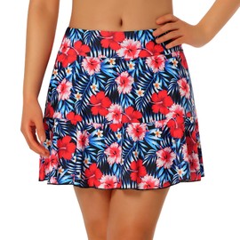 Turnhier - Falda de natación para mujer, cintura alta, con volantes, control de abdomen, tankini con bolsillos, Rojo (Red Flower), X-Large