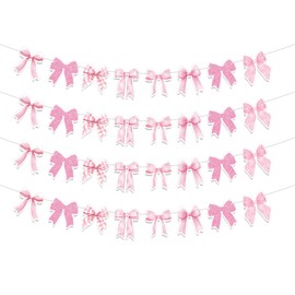 Neyeidru Bow Birthday Decorations Banner - 4Pcs Pink Bow Banner for Coquette Birthday Decorations Bow Garland Bunting for Girls Bow Party Decor Favor Supplies