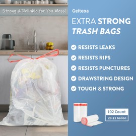 Geiteoa 20 Gallon Trash Bags, Extra Strong Large Garbage Bags w/Drawstring (102 Count) Heavy Duty Plastic Trash Liners for Kitchen Commercial Office Lawn, Clear White