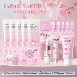 Sakura Skin Care Sets & Kits, Cherry Blossom Skincare Set For Teenage Girls Gifts, Facial Kits for Women, JAPAN Skincare Set with Wash Bag, Eye Serum, Cream, Cleanser, Sleep Mask, Mud Mask, Lip Mask