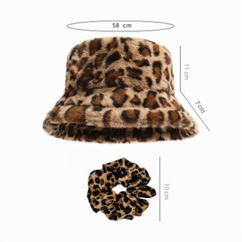 CVDYWDJIE 1 Plush Hat with Leopard Print and 1 Leopard Print Hair Scrunchie, Cute Fishing Hat, Warm Winter Hat, Classic Versatile Hat, Winter Hat for Women