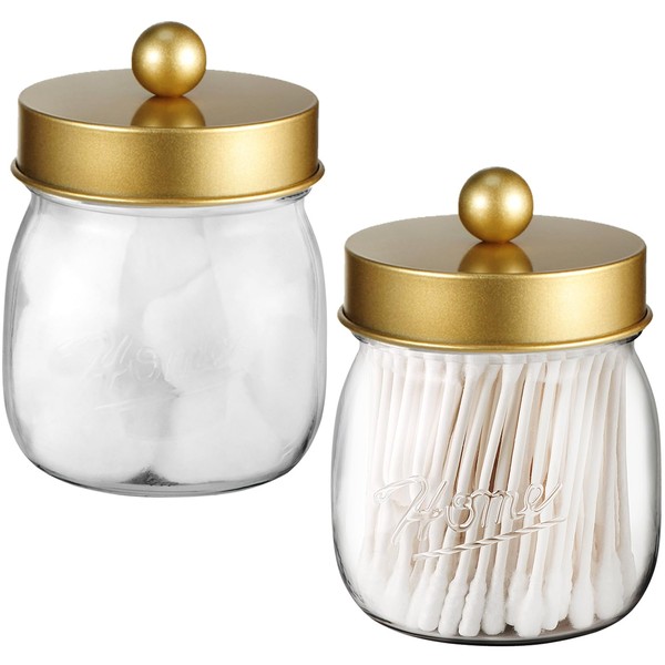 Farmhouse Decor Apothecary Jar Set,Mason Jar Bathroom Vanity Storage Organizer Canister - Qtip Holder Plastic Acrylic Jar for Cotton Swabs,Cotton Pads,Floss Picks,Paper Clips,Hair Clips(2 Pack,Gold)