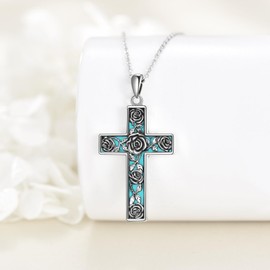ANGSAU Turquoise Cross Necklace S925 Sterling Silver Turquoise Cross Pendant Necklace with Flower Turquoise Jewelry Gifts for Women