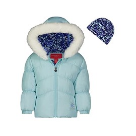 LONDON FOG Toddler Jacket for Girls - Warm, Hooded Puffer Winter Jacket With Matching Beanie, Seafoam, Size 3T