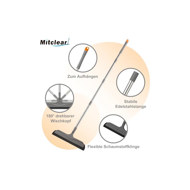 Mitclear Shower Squeegee with Long Handle (126 cm), Squeegee Base,