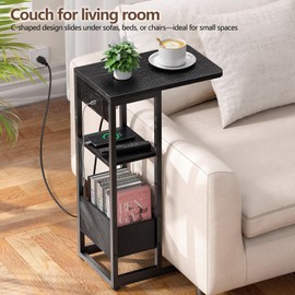 C Shaped End Table with Charging Station, Small Side Table for Couch Recliner, Slide Under Sofa Desk Snack Tables with Storage Bag & AC / USB Outlet, Small Spaces Drink Tables for Living Room, Bedroom