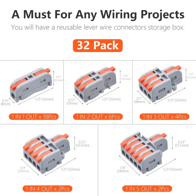 XALXMAW 32Pcs Lever Wire Connectors, DIY Mini Compact Splicing Assortment