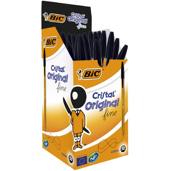 BIC Cristal Original Ballpoint Pens, Every-Day Biro Pens with Fine Point (0.8 mm), Black Ink, Pack of 50