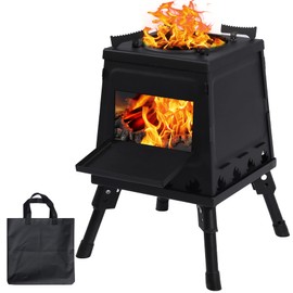 Lineslife Wood Burning Camp Stove, Portable Cast Iron Camping Wood Stove, Black Woodstove with Carrying Case for Backpacking Outdoor Cooking, Large