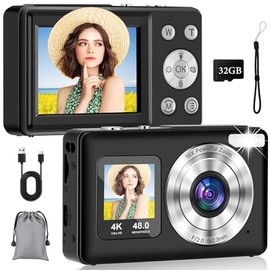 Fhrhig Camara Digital 4K, [2.4"+1.3" IPS Pantalla Dual], 48MP Cámara Vintage, con Tarjeta 32GB, Zoom 18X, Luz de Relleno LED, Enfoque Automático, Port