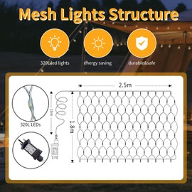 Gresonic Gresonic Net Fairy Lights Warm White 320LED 2.5x1.8m /8.2x5.9ft 8 Mode Timer Mains Powered IP44 Waterproof Christmas Mesh String Lights Indoor & Outdoor Bushes Decorations (320LED, Warm White 8 Modes)