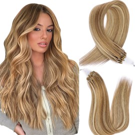 MioYio Microlink Hair Extensions Human Hair #607 Light Medium Brown with Blonde Balayage 30g/Pack Micro Link Remy Hair 18 inch Micro Hair Microbead Micro Loop Hair Extensions Real Human Hair