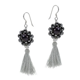 AeraVida Smoky Couture Cultured Freshwater Black Pearl Tassel Drop .925 Sterling Silver Dangle Earrings | Unique Black Floral Inspired Earring for Women | Boho Inspired Accessory