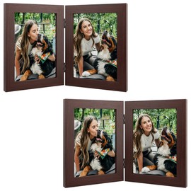 Frametory, 5x7 Double Picture Frame Hinged 2 Photos Frame Collage, Desk Picture Frame with Glass, Side by Side Frame Vertical (Walnut, 2 Pack)