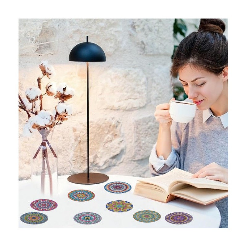 8 PCS 5D DIY Diamond Crafts Painting Coasters, Round Diamond