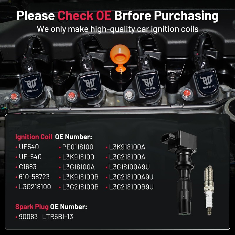 BDFHYK Ignition Coil Pack UF540 and Iridium Spark Plugs 90083