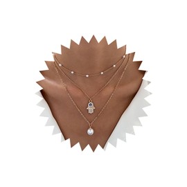 Wendalern Layered Pearl Gold Necklace for Women Cz Hamsa Hand Faux Pearl Pendant Necklace Layering Pearl Chain Choker Necklace Dainty Evil Eye Hamsa Pearl Drop Necklace Bridal Wedding Jewelry