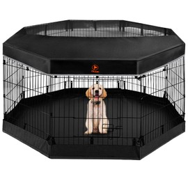 PJYuCien Dog Playpen - Metal Foldable Dog Exercise Pen, Pet Fence Puppy Crate Kennel Indoor Outdoor with 8 Panels 24”H & Top Cover and Bottom Pad for Small Medium Pets