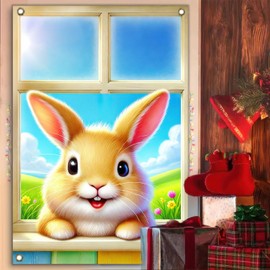 BlissYard Easter Window Curtain Bunny Banner 31 x 47 Inch Window Cover Banner Adorable Bunny Window Decoration Background for Indoor Outdoor Spring Easter Home Window Décor
