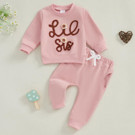 Toddler Baby Girl Matching Sister Outfit 3D Flower Long Sleeve Lil Sis/Big Sis Letter Embroidery Sweatshirt Pullover and Elastic Waist Pants 2Pcs Girls Sister Clothes (Rose Lil Sis, 2-3 Years)