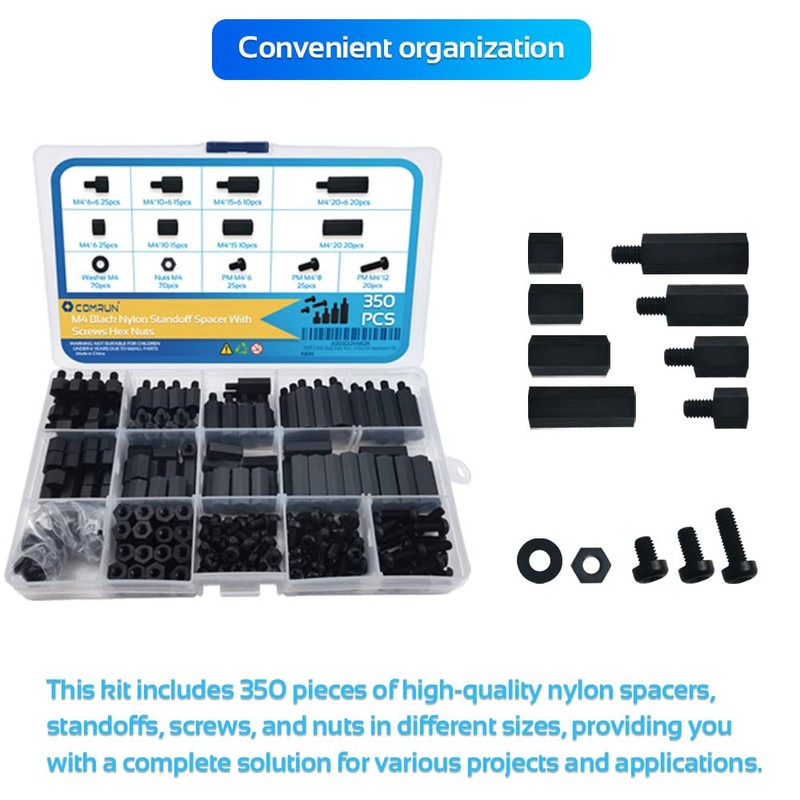 COMRUN 350PCS M2 Black Male Female Nylon Hex Spacer Standoff